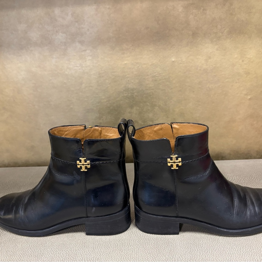 Tory Burch Black Leather Boots with Gold Logo